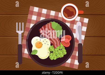 Set of breakfast food on wooden surface background in flat design style. Breakfast time. Vector illustration. Stock Vector