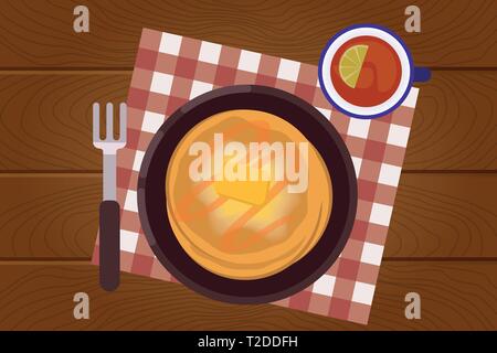 Set of breakfast food on wooden surface background in flat design style. Breakfast time. Vector illustration. Stock Vector