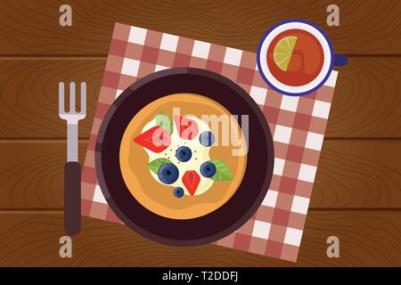 Set of breakfast food on wooden surface background in flat design style. Breakfast time. Vector illustration. Stock Vector