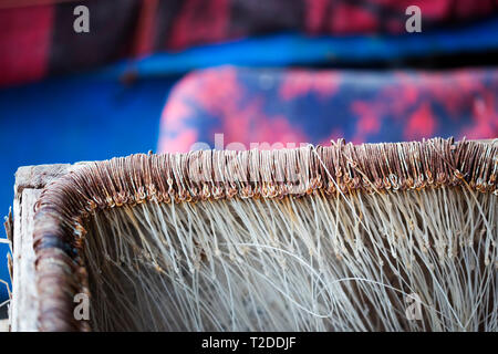 Fishing hooks in wooden box, fishing village, Essaouira Stock Photo