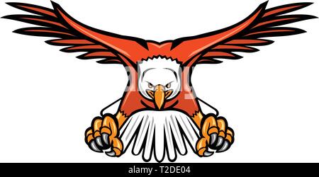 Mascot icon illustration of a bald eagle, sea eagle or American eagle swooping down with talons facing viewed from front on isolated background in ret Stock Vector