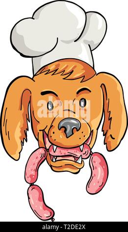 Cartoon style illustration of an Irish Setter dog wearing chef, baker or cook hat biting a sausage string viewed from front on isolated background. Stock Vector