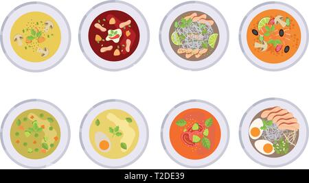 Big set of different soup food in flat style. Vector illustration. Stock Vector