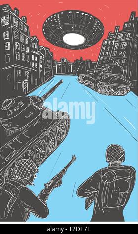 Drawing sketch style illustration showing a T-34 Russian tank faced against a U.S. M4 Sherman with American world war two GI soldiers in foreground an Stock Vector
