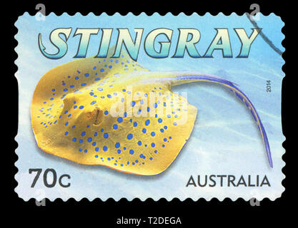 AUSTRALIA - CIRCA 2014: A used postage stamp from Australia, depicting an illustration of a Stingray, circa 2014. Stock Photo