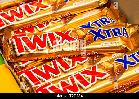Samara, Russia - March 30, 2019: Twix chocolate bars on store shelf Stock Photo