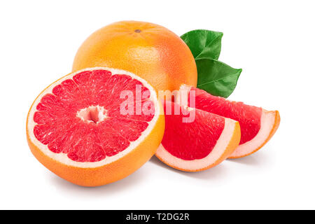grapefruit and slice with leaves isolated on white background. Stock Photo