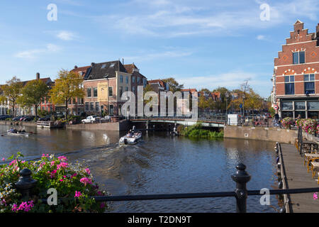 Leiden, Netherlands - October 13, 2018; Boat trip on the Herengracht canal in the center of the city Leiden Stock Photo