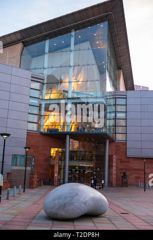 Manchester, United Kingdom - February 17, 2019: The entrance to the Bridgewater Hall facing the Manchester Central Conference Centre.