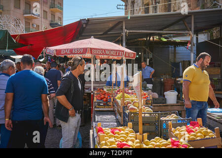 Palermo, Italy - September. 2018. Seafood and vegetable stalls in the Ballarò Market, the oldest food market in Palermo. Stock Photo