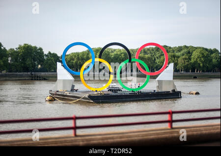 The interactive, 'Rings on the River' exhibit, during the London Olympic Games 2012. In it's final South Bank mooring position. Stock Photo