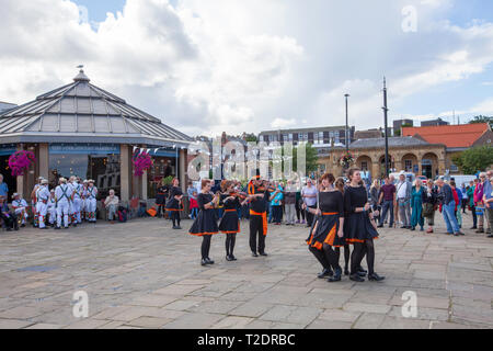 celebrations and dancing on the streets at Whitby Folk week 2018, North Yorkshire coast, England Stock Photo