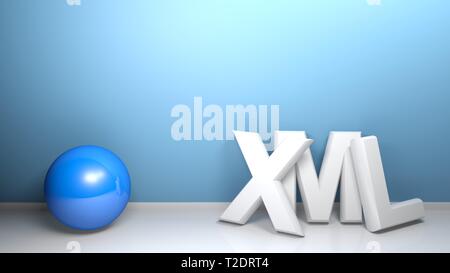 XML white 3D write at blue wall with a blue sphere - 3D rendering Stock Photo