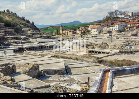 Salinas de Añana. Production of salt in an ancient artisan way in the Basque Country. Sunny day Stock Photo