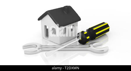Home improvement, maintenance concept. House model with black color roof and hand tools isolated against white background. 3d illustration