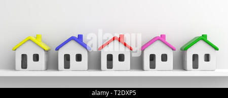 Real estate, housing project concept. House models in a row isolated against white background, colorful roofs, banner. 3d illustration Stock Photo