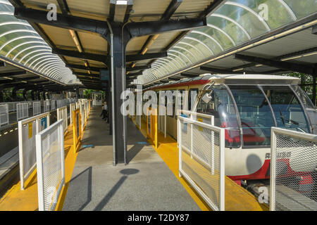 SEATTLE, WASHINGTON STATE, USA - JUNE 2018:  Monorail train standing at a platform in the station at the Seattle center. Stock Photo