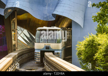 SEATTLE, WASHINGTON STATE, USA - JUNE 2018:  Monorail train arriving at the station at the Seattle center. Stock Photo