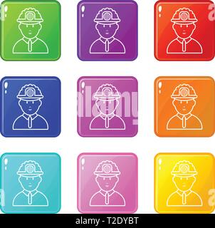 Miner icons set 9 color collection Stock Vector