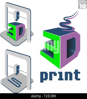 3D print logo with melted filament and 3d printer machine with printed designs. Stock Vector