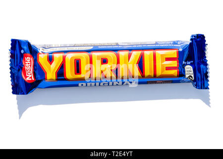 Yorkie chocolate bar, cut out or isolated on a white background. Stock Photo