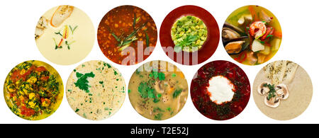 Soups assortment, collage of various different kinds of pottages, brothes and cream-soups Stock Photo
