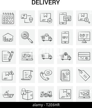 25 Hand Drawn Delivery icon set. Gray Background Vector Doodle Stock Vector