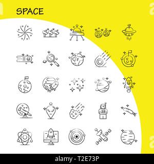 Space Hand Drawn Icons Set For Infographics, Mobile UX/UI Kit And Print Design. Include: Rocket, Space, Transportation, Moon, Planet, Space, Spaceship Stock Vector