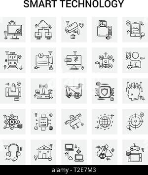 25 Hand Drawn Smart Technology icon set. Gray Background Vector Doodle Stock Vector