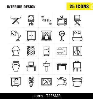 Interior Design  Line Icons Set For Infographics, Mobile UX/UI Kit And Print Design. Include: Iron, Electronics, Home Appliances, Electronics Items, B Stock Vector