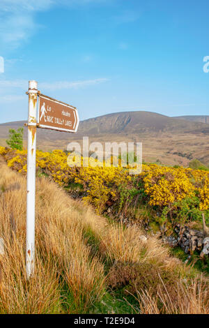 Waymarker sign for hiking trail in Ireland to the Nire Valley Lakes Comeragh Mountains, a mountain range in County Waterford, Munster, Ireland. Stock Photo