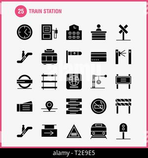 Train Station Solid Glyph Icons Set For Infographics, Mobile UX/UI Kit And Print Design. Include: Entrance, Railway, Station, Subway, Train, Railroad, Stock Vector