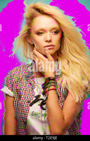 Collage poster art of fashion pretty alien girl in sunglasses. Stock Photo