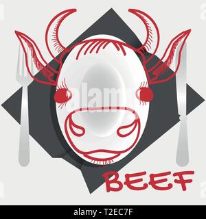 Logo of beef dishes with a plate in the form of a cow's head and cutlery on a crumpled napkin Stock Vector