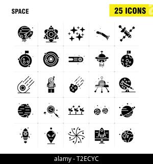 Space Solid Glyph Icons Set For Infographics, Mobile UX/UI Kit And Print Design. Include: Rocket, Space, Transportation, Moon, Planet, Space, Spaceshi Stock Vector