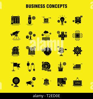 Business Concepts Solid Glyph Icons Set For Infographics, Mobile UX/UI Kit And Print Design. Include: Clipboard, Setting, Gear, Pencil, Monitor, Inter Stock Vector