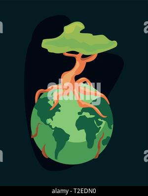 world with tree root happy earth day vector illustration Stock Vector ...