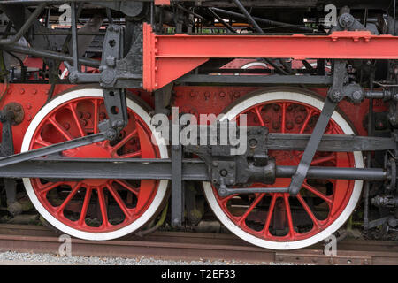 Old steam locomotive. Detail and close up of huge wheels. Stock Photo