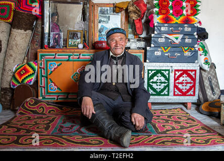 bayan Ulgii, Mongolia, 1st October 2015: mongolian nomad man in his home Stock Photo