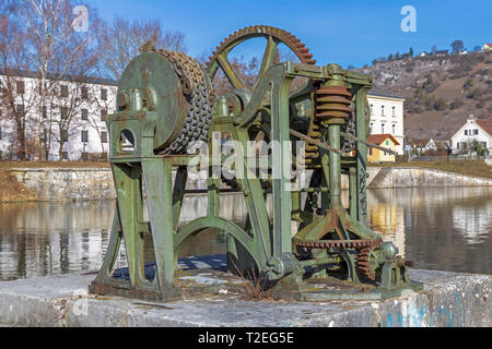 Historic winch at Old Port of the Ludwig Danube Main Canal in Kelheim Stock Photo