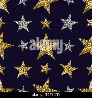 Gold and silver stars on blue background. Seamless pattern. Textile vector illustration. Stock Vector