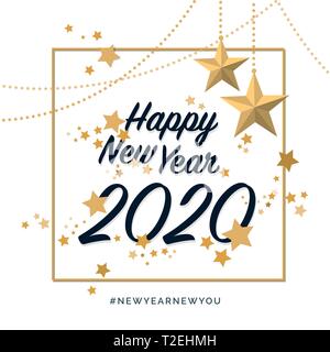 Happy new year 2020 with golden stars, social media post and wish card Stock Vector