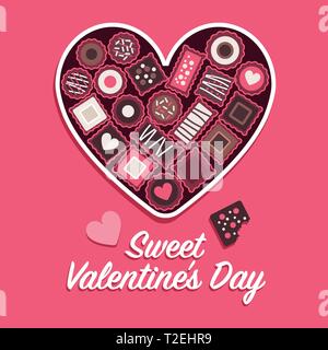 Sweet Valentine's Day card and social media post with heart shaped chocolates box Stock Vector