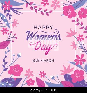 Happy women's day holiday design and social media post with spring floral frame Stock Vector