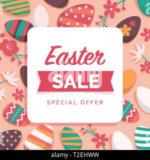 Happy Easter promotional sale card and social media post with decorated eggs and colorful  flowers frame Stock Vector