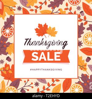 Happy thanksgiving promotional sale design and social media post with colorful leaves frame Stock Vector