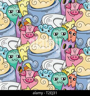 Doodle hand-drawn cartoon with smiles and taste, coffee shop theme seamless pattern. Kawaii detailed, with lots of objects vector background Stock Vector