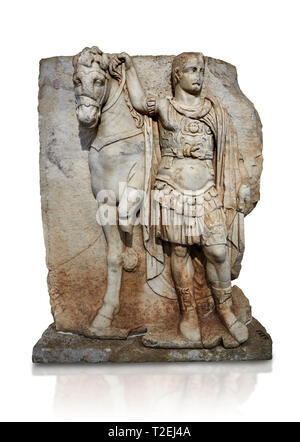 Roman Sebasteion relief sculpture of  an Imperial prince as Diokouros, Aphrodisias Museum, Aphrodisias, Turkey.   Against a white background.  An impe Stock Photo