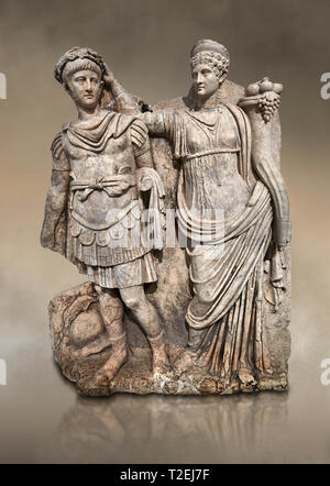 Roman Sebasteion relief  sculpture of Nero being crowned emperor by Agrippina, Aphrodisias Museum, Aphrodisias, Turkey.  Against an art background.  A Stock Photo