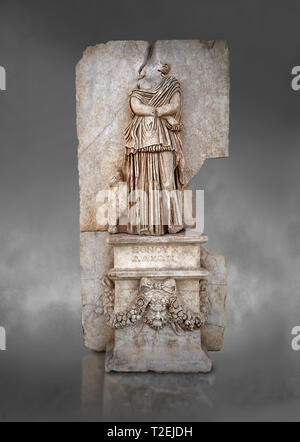Roman Sebasteion relief sculpture of Ethnos of the Dacians Aphrodisias Museum, Aphrodisias, Turkey. Against a grey background.  The Dacians are shown  Stock Photo